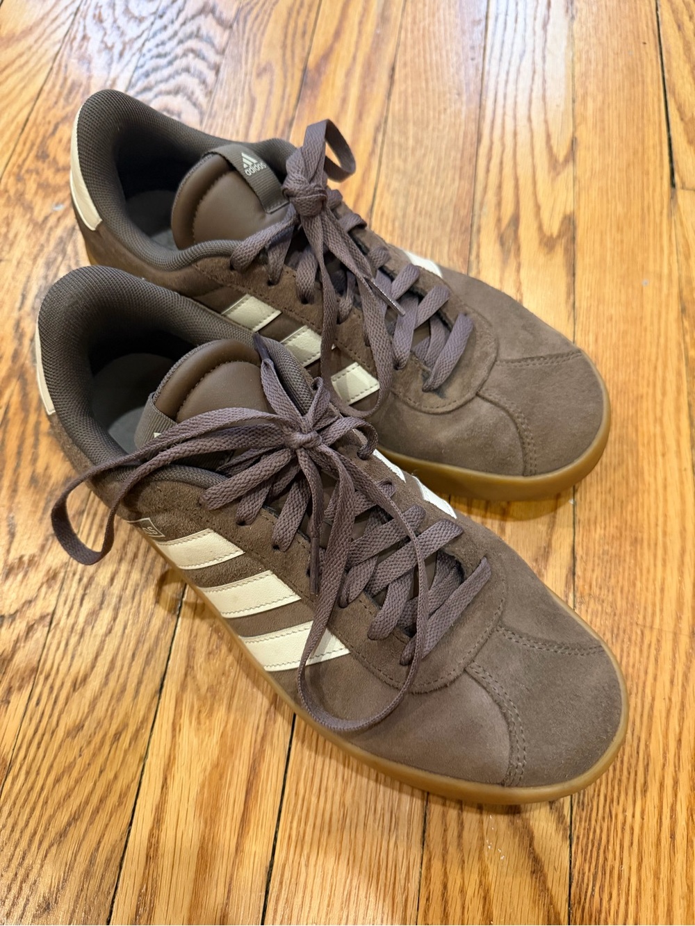 adidas women’s Brown Suede Sneakers with White Stripes and Gum Sole